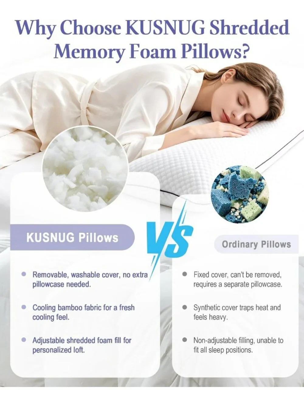 Adjustable Shredded Memory Foam Pillows Set of 2 - Queen Size Comfort & Support